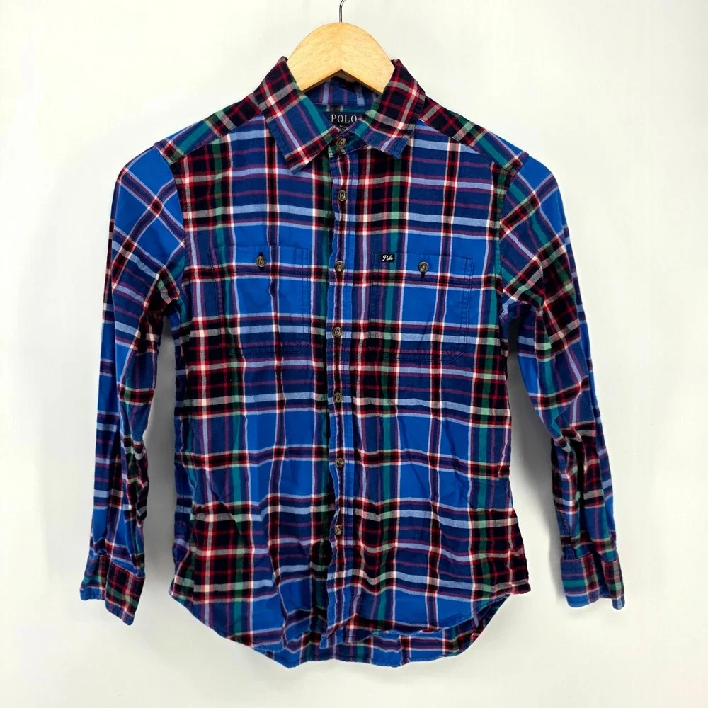 Polo Ralph Lauren Button Down Shirt Boys M 10-12 Blue Plaid Long Sleeve Pocket